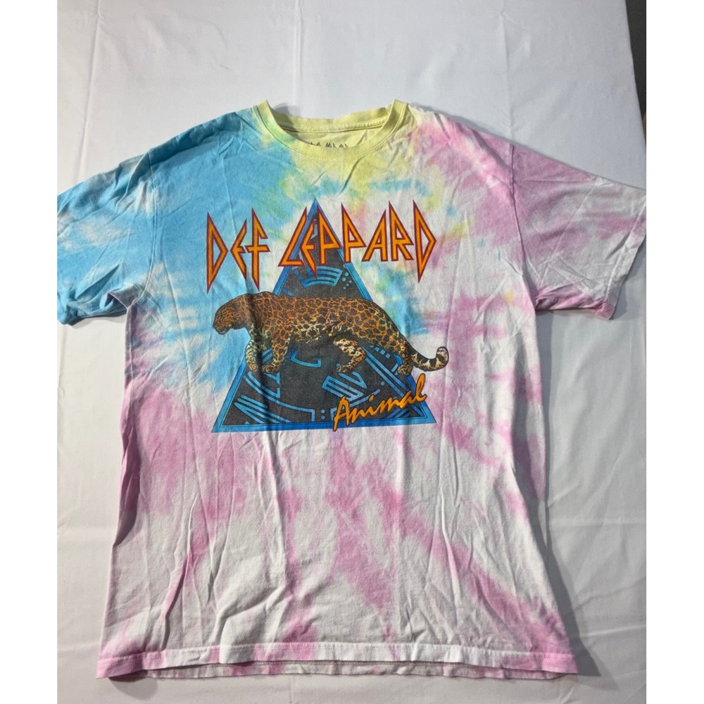 Def Leppard Animal Graphic Tie Dye T-Shirt Mens Large Pink Blue Yellow Band Tee